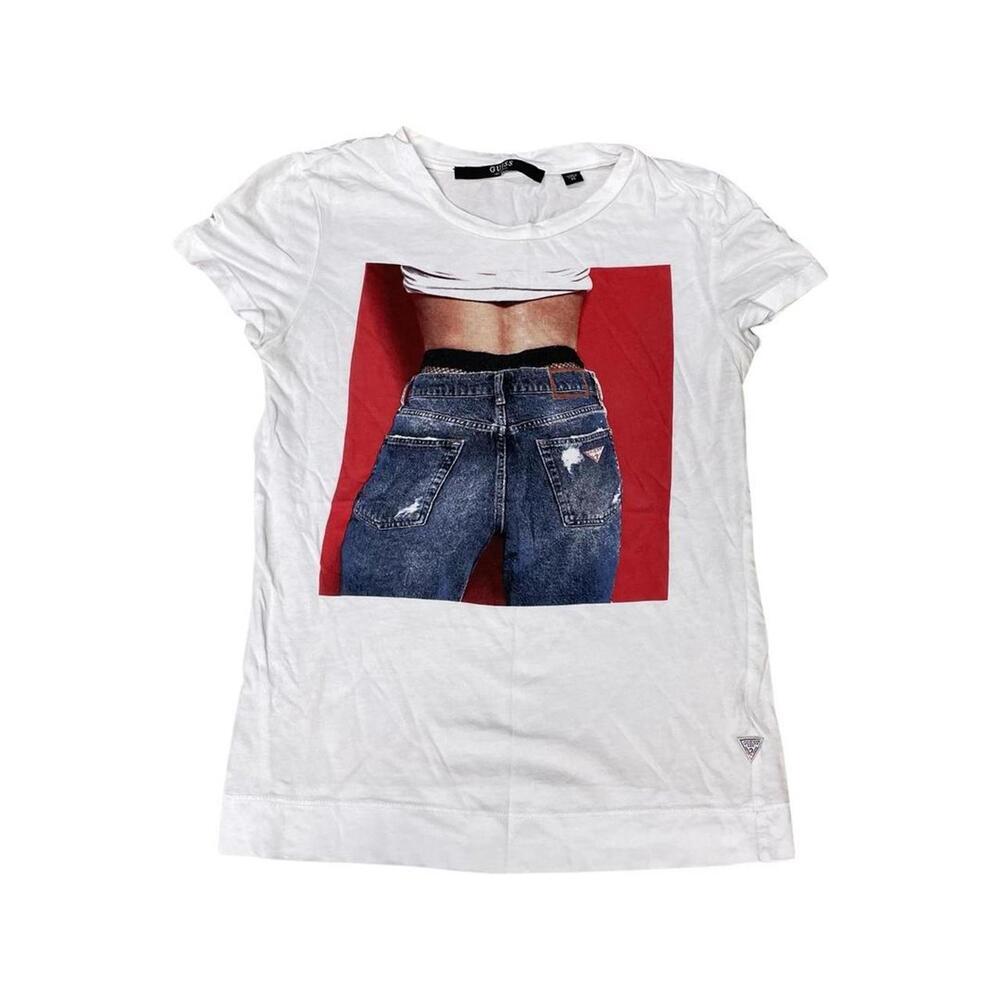 Guess Y2K Baby Tee White Red Logo Fitted Retro 90s Graphic T-Shirt Sz XS‎